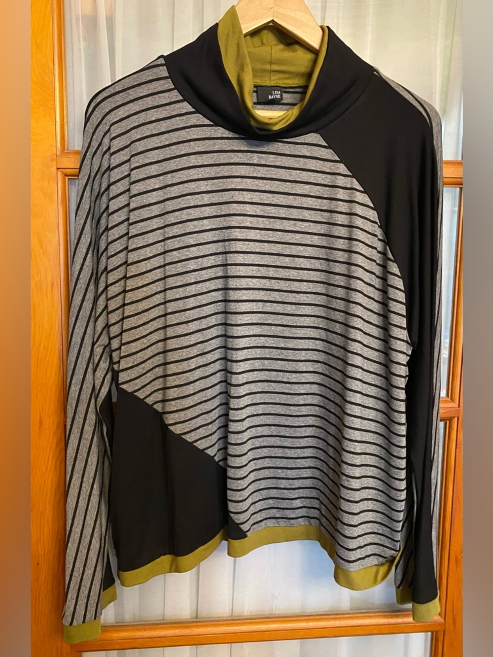 LISA BAYNE Striped Long Sleeve Top in Olive, Gray & Black
